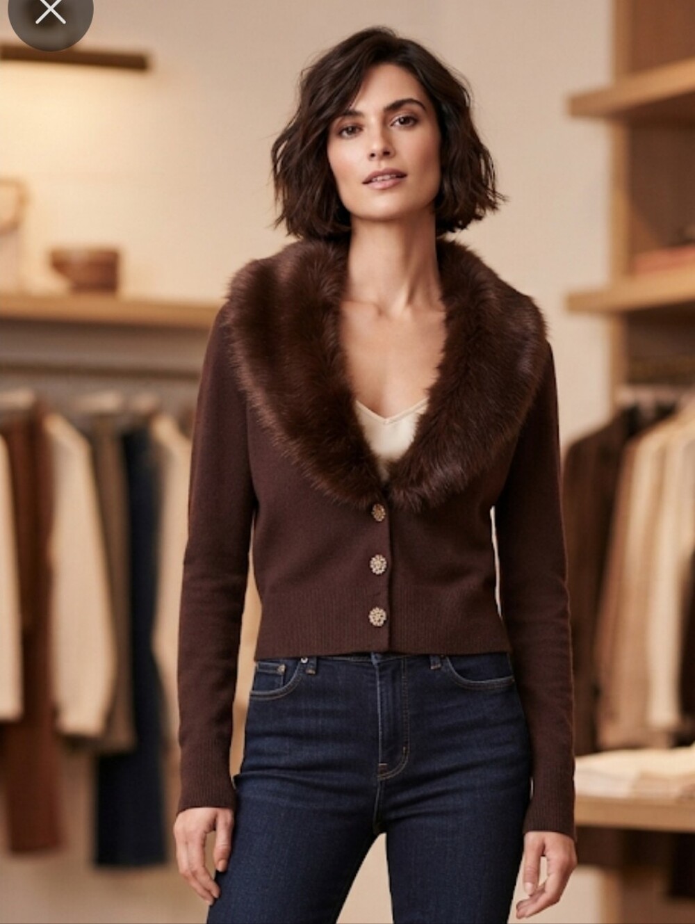 Ann Taylor LOFT Faux Fur Collar V-Neck Cardigan Rhinestone Buttons Brown Size M
